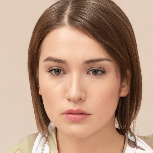 Neutral white young-adult female with medium  brown hair and brown eyes