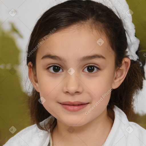 Joyful white child female with medium  brown hair and brown eyes