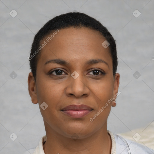 Joyful black young-adult female with short  brown hair and brown eyes