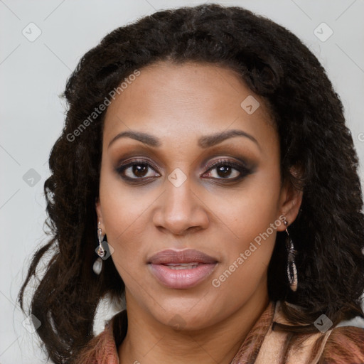 Joyful black young-adult female with long  brown hair and brown eyes