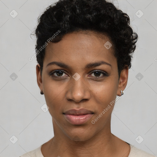 Neutral latino young-adult female with short  black hair and brown eyes