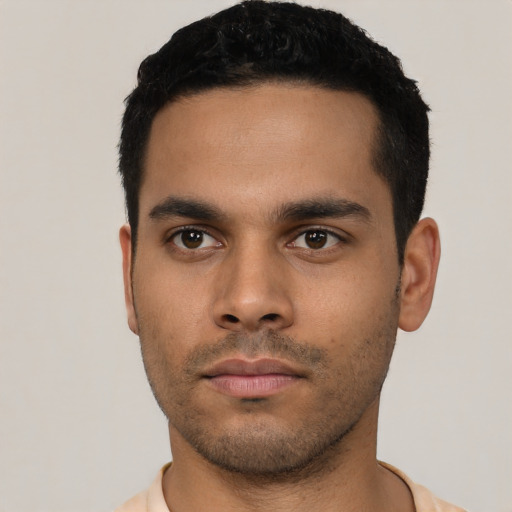 Neutral latino young-adult male with short  black hair and brown eyes