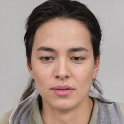 Neutral asian young-adult female with medium  brown hair and brown eyes