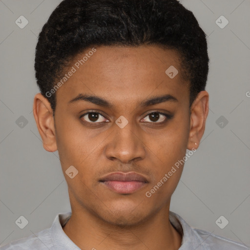 Neutral latino young-adult male with short  brown hair and brown eyes