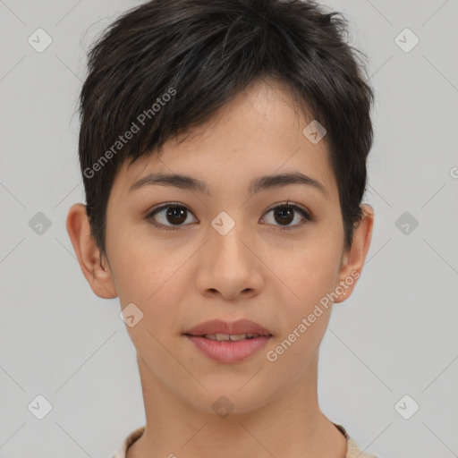 Joyful asian young-adult female with short  brown hair and brown eyes