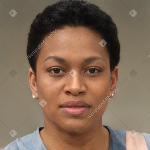 Joyful black young-adult female with short  black hair and brown eyes