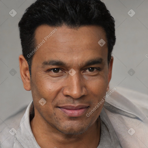 Joyful latino adult male with short  black hair and brown eyes