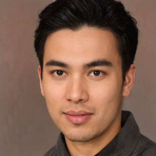 Neutral asian young-adult male with short  brown hair and brown eyes
