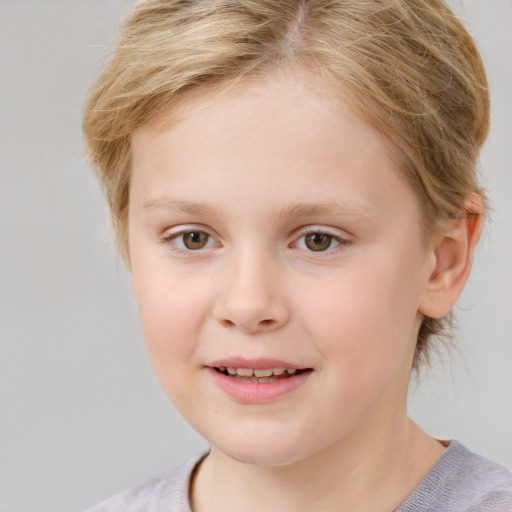 Joyful white child female with medium  brown hair and brown eyes