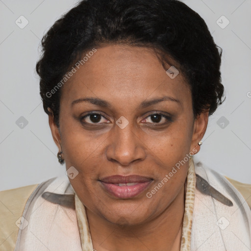 Joyful black adult female with short  brown hair and brown eyes