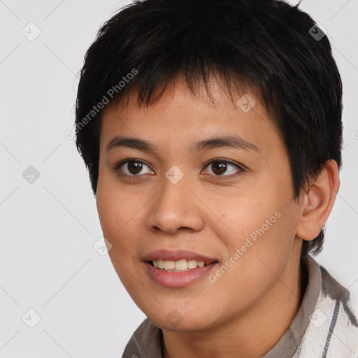 Joyful asian young-adult female with short  brown hair and brown eyes