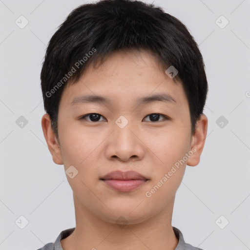 Neutral asian young-adult male with short  brown hair and brown eyes