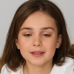 Joyful white child female with medium  brown hair and brown eyes