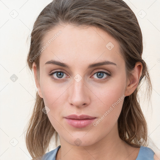 Neutral white young-adult female with medium  brown hair and blue eyes