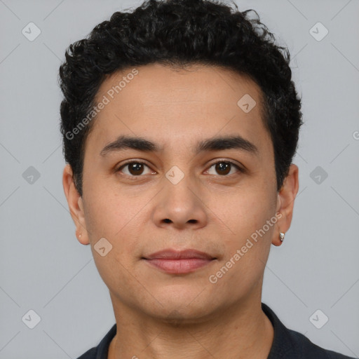 Neutral latino young-adult male with short  black hair and brown eyes