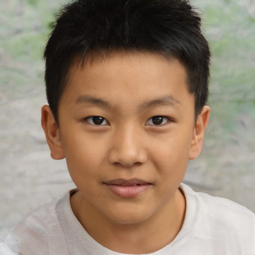 Joyful asian child male with short  brown hair and brown eyes