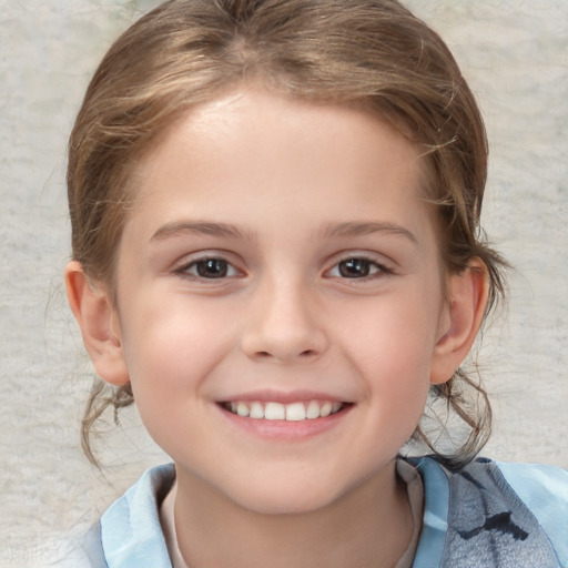 Joyful white child female with medium  brown hair and brown eyes