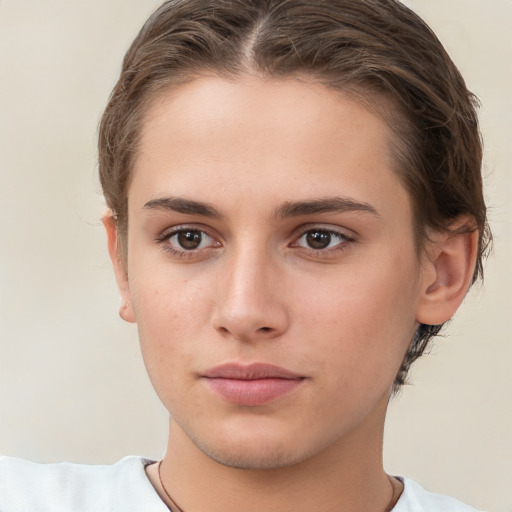 Neutral white young-adult female with short  brown hair and brown eyes