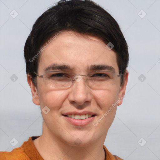 Joyful white adult male with short  brown hair and grey eyes