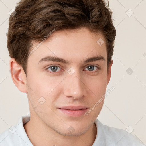 Neutral white young-adult male with short  brown hair and brown eyes