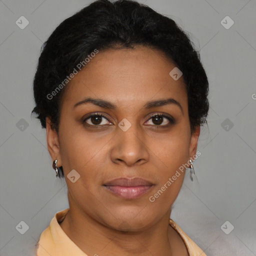 Joyful latino young-adult female with short  brown hair and brown eyes