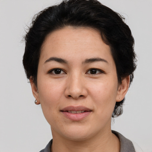 Joyful asian young-adult female with short  brown hair and brown eyes