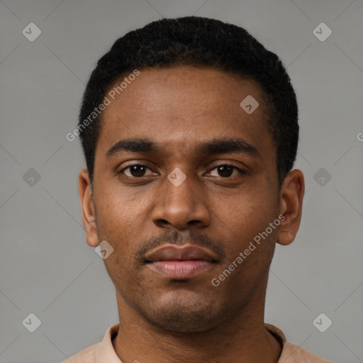 Neutral latino young-adult male with short  black hair and brown eyes