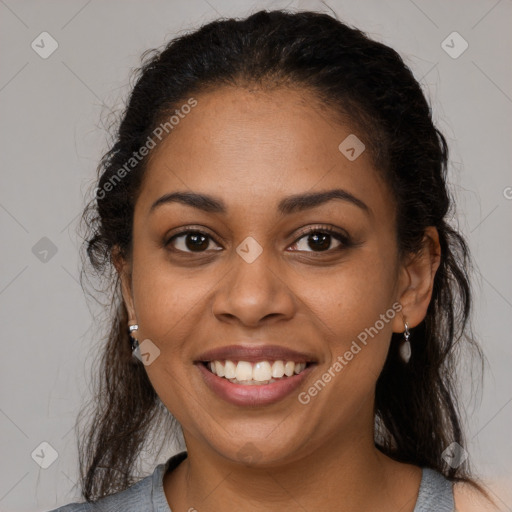 Joyful latino young-adult female with medium  brown hair and brown eyes