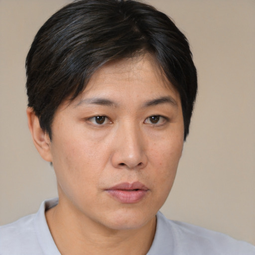 Neutral asian young-adult female with short  brown hair and brown eyes