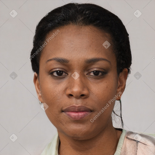 Neutral black young-adult female with short  black hair and brown eyes