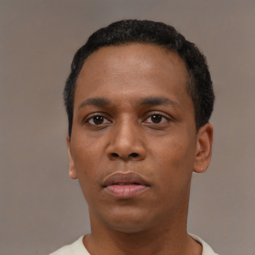 Neutral black young-adult male with short  black hair and brown eyes