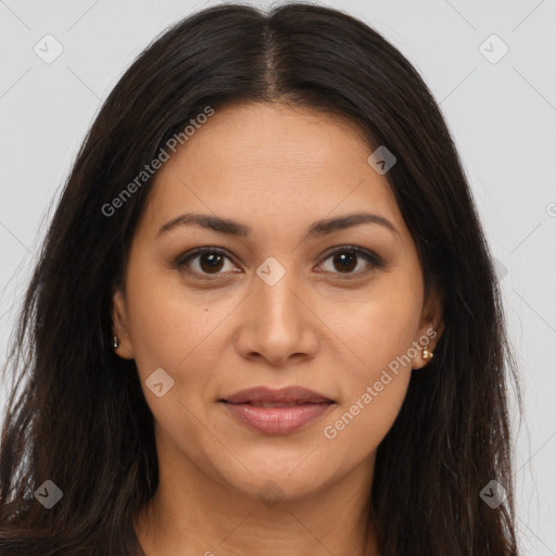 Joyful latino young-adult female with long  brown hair and brown eyes