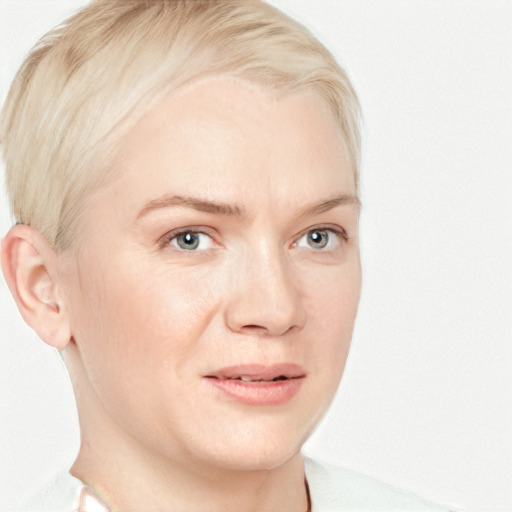 Joyful white young-adult female with short  brown hair and blue eyes