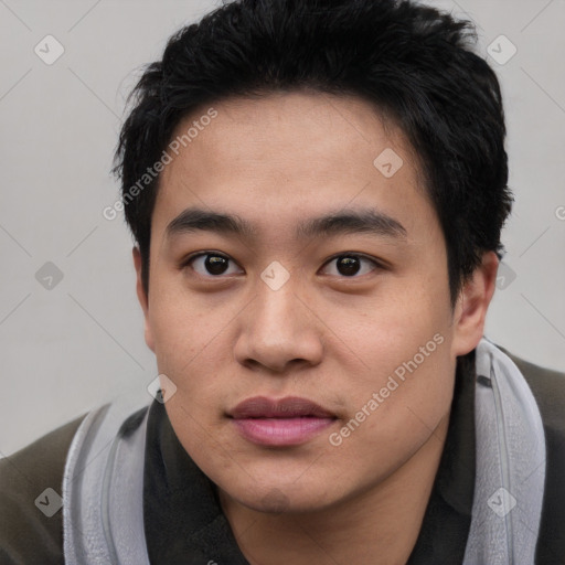 Neutral asian young-adult male with short  black hair and brown eyes