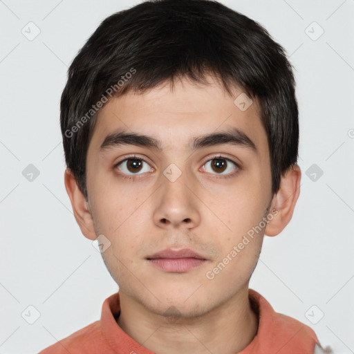 Neutral white young-adult male with short  black hair and brown eyes