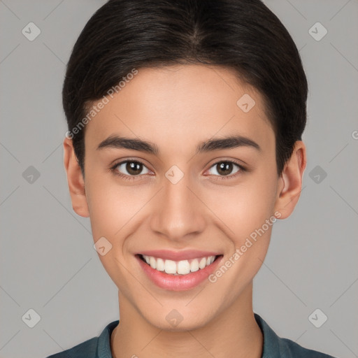 Joyful white young-adult female with short  brown hair and brown eyes