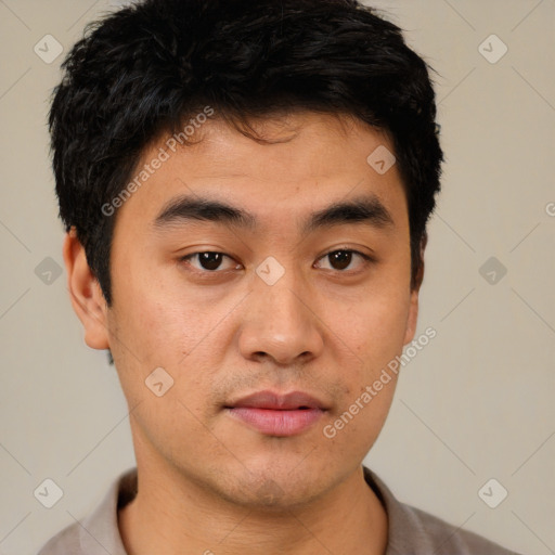 Neutral asian young-adult male with short  black hair and brown eyes