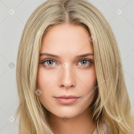 Neutral white young-adult female with long  brown hair and brown eyes