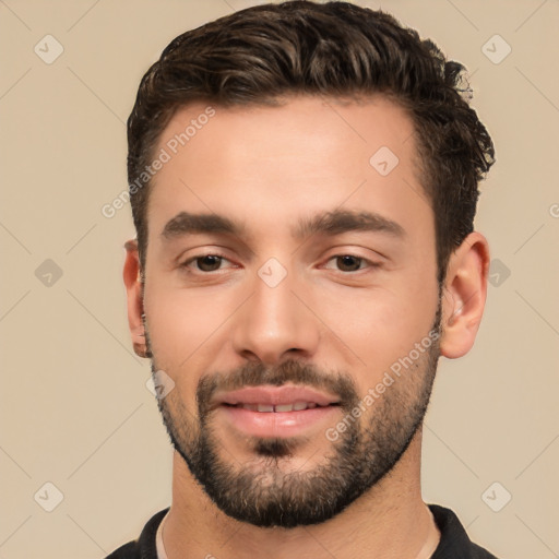 Joyful white young-adult male with short  black hair and brown eyes