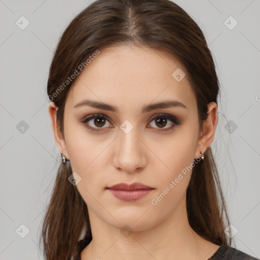 Neutral white young-adult female with medium  brown hair and brown eyes