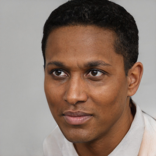 Neutral black young-adult male with short  black hair and brown eyes