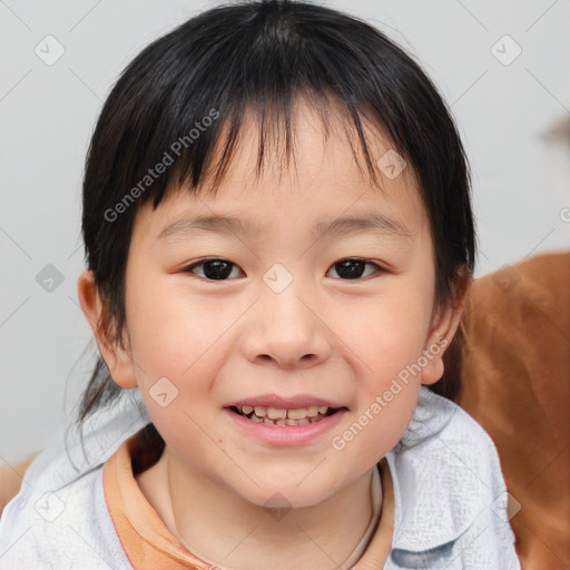 Joyful white child female with medium  brown hair and brown eyes