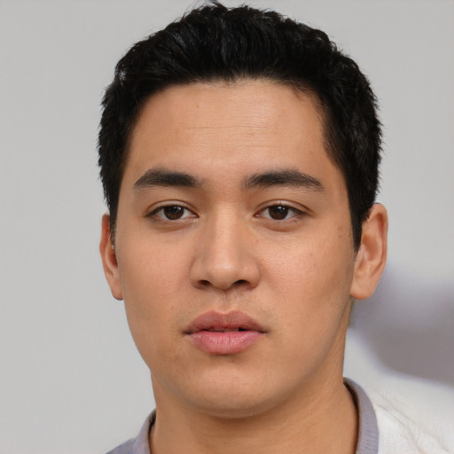 Neutral white young-adult male with short  black hair and brown eyes