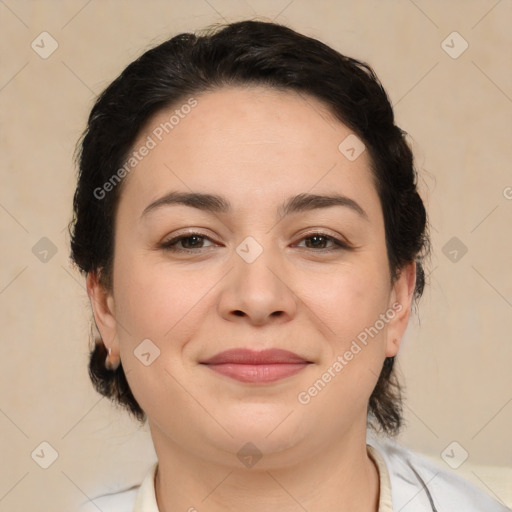 Joyful white young-adult female with medium  brown hair and brown eyes