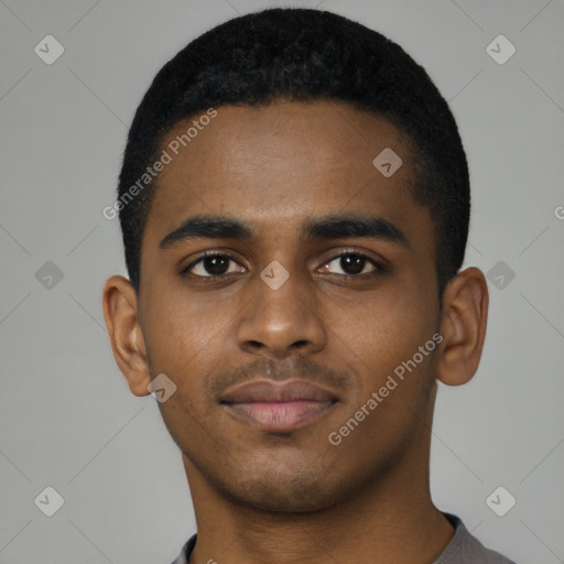 Neutral black young-adult male with short  black hair and brown eyes