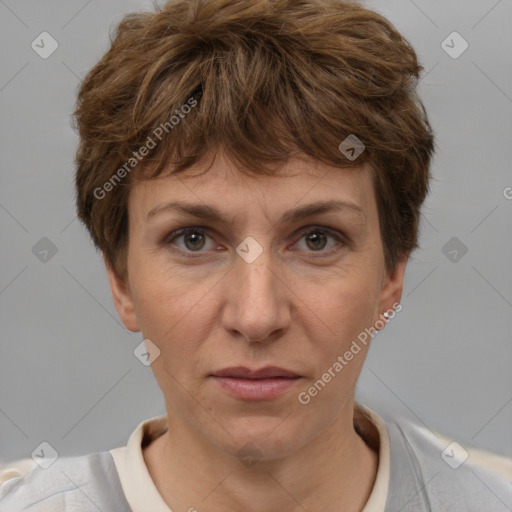 Joyful white adult female with short  brown hair and brown eyes