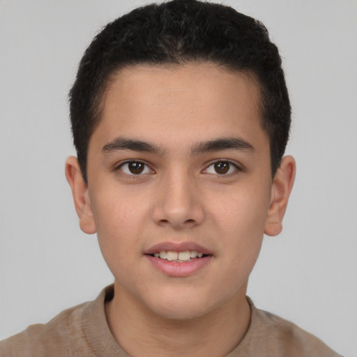 Joyful latino young-adult male with short  brown hair and brown eyes