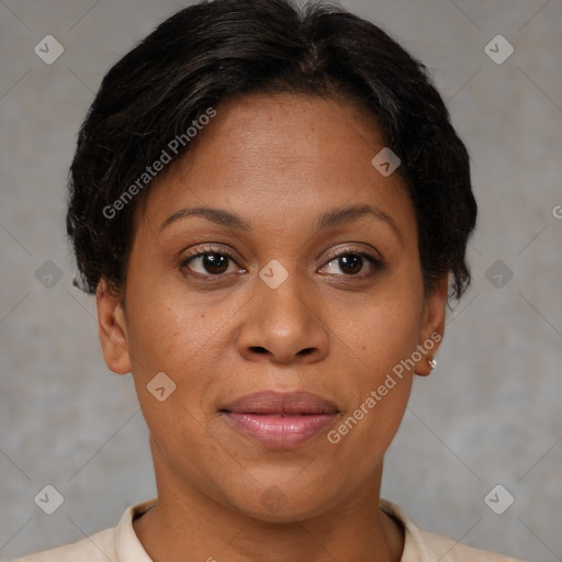 Joyful white adult female with short  brown hair and brown eyes