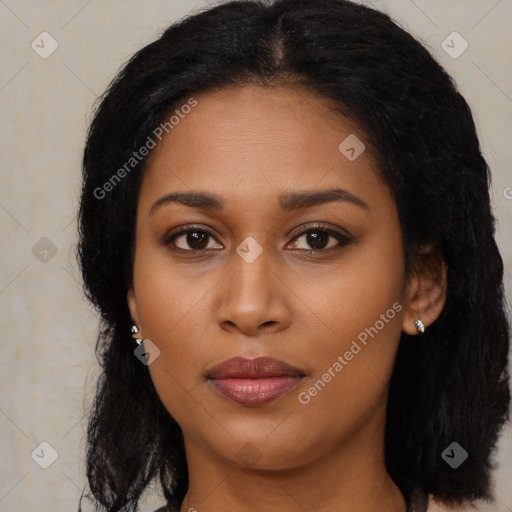 Joyful latino young-adult female with long  black hair and brown eyes