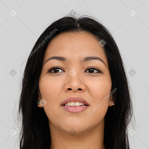 Joyful asian young-adult female with long  brown hair and brown eyes